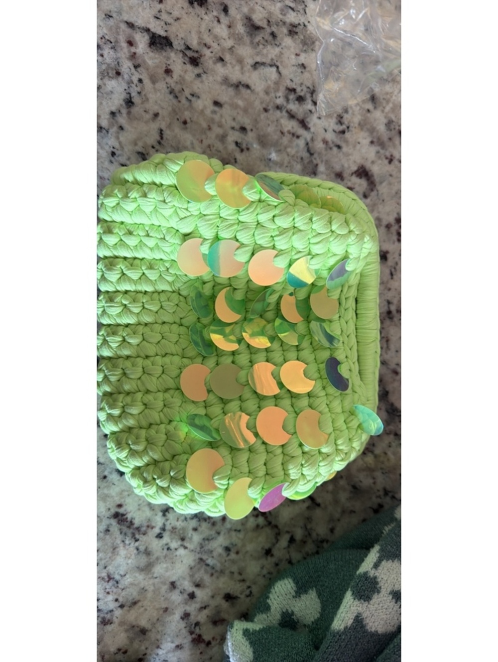 Handmade Neon Green Crochet clutch with Iridescent Sequin Accents